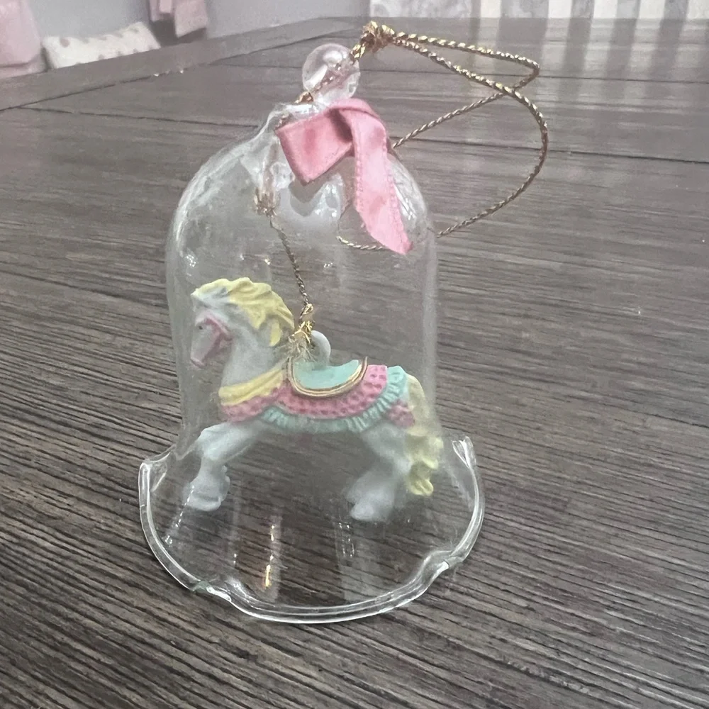 Vintage Carrousel Ornament Crystal Bell Porcelain Bisque Horses in box